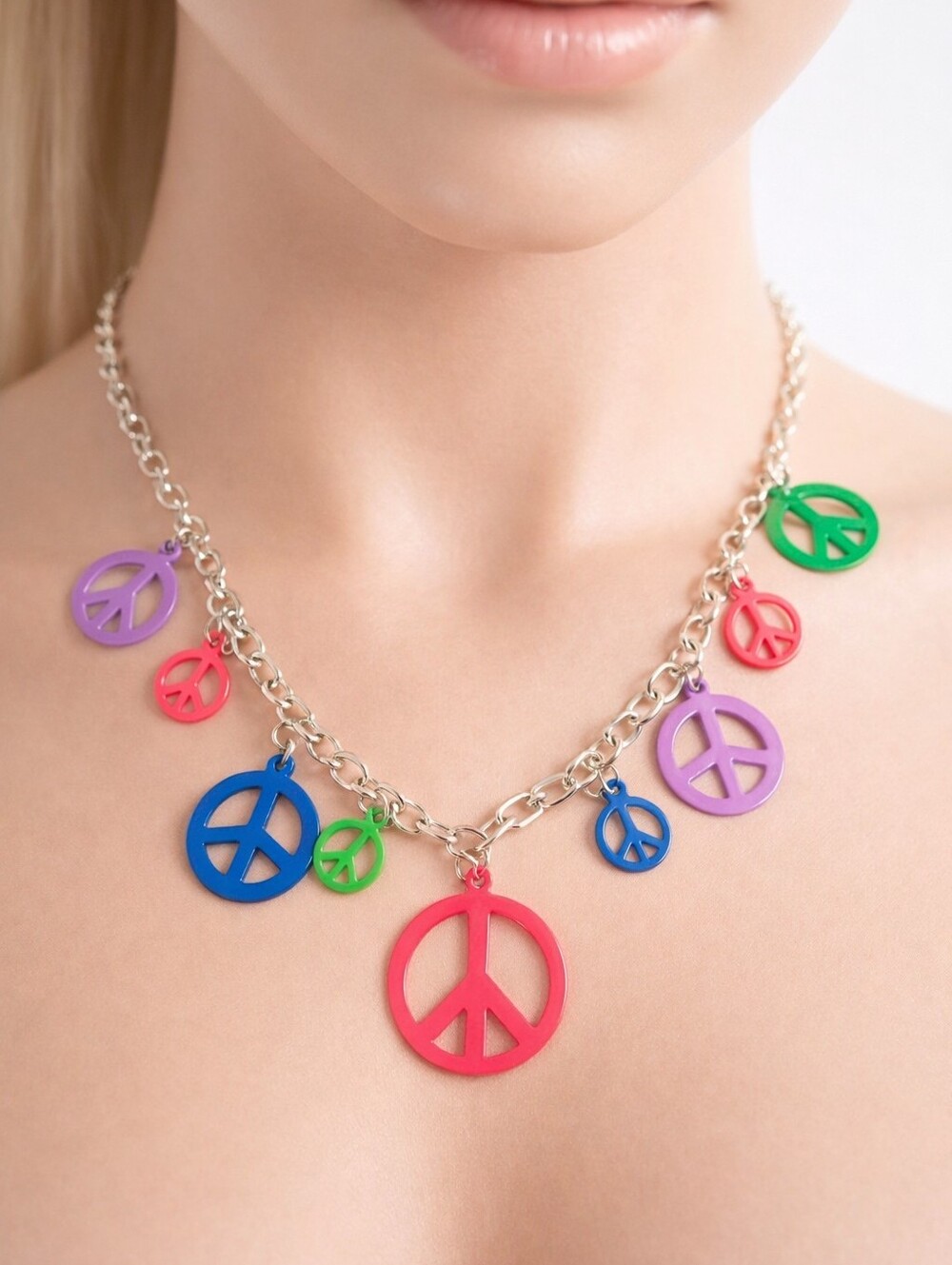 Silver-tone Necklace Colorful Peace Symbol Charms - Women's Fashion Jewelry